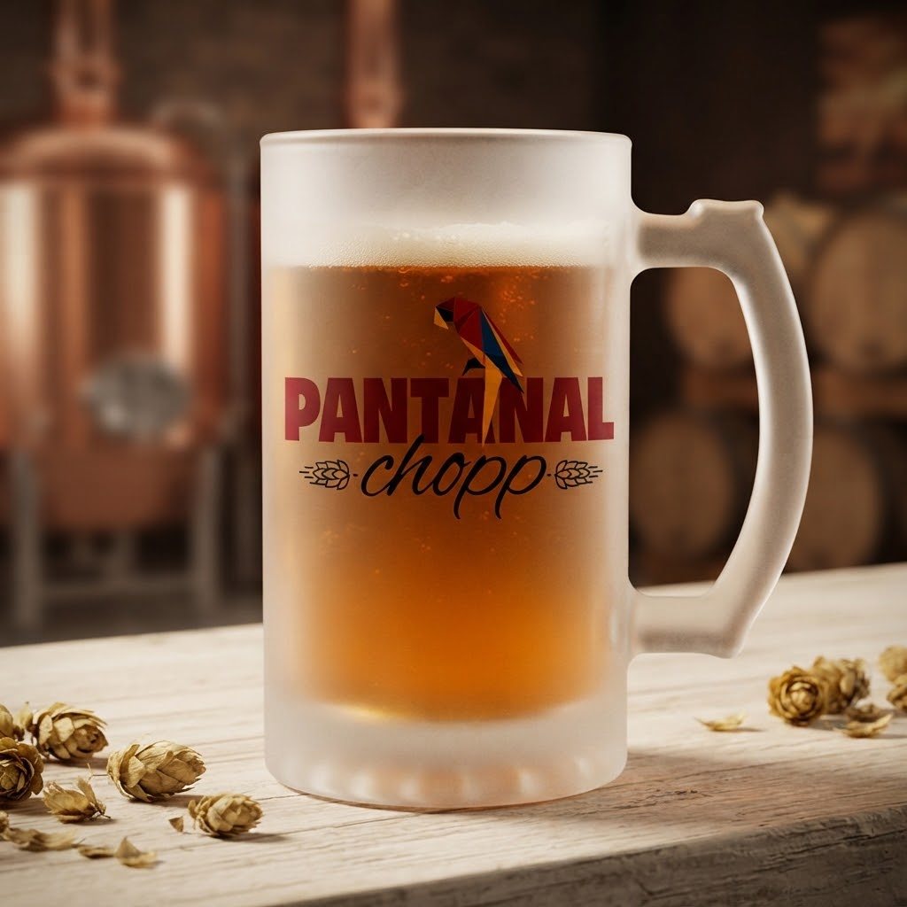 Caneca de chopp gelada com a marca Pantanal Chopp
